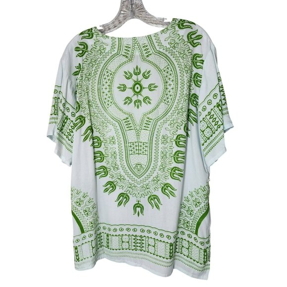 KUKUH Dashiki Tunic Shirt One Size Green Batik Print‎ Relaxed Fit Cotton - Picture 5 of 6